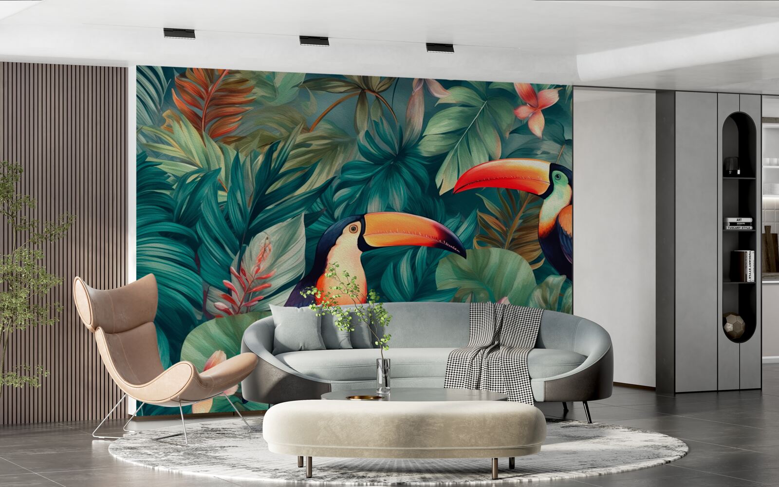 Fototapet papagali mari printre frunze