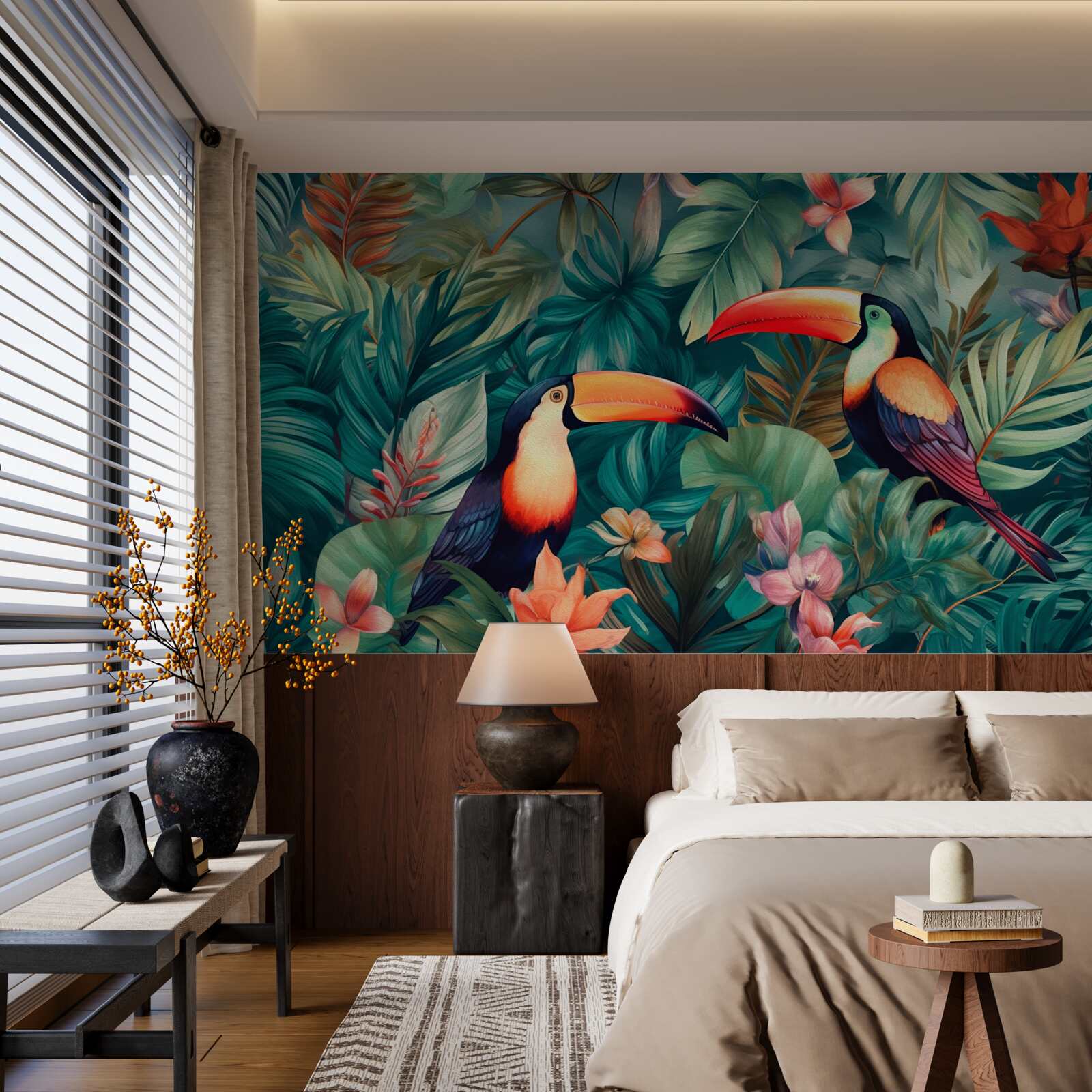 Fototapet papagali mari printre frunze