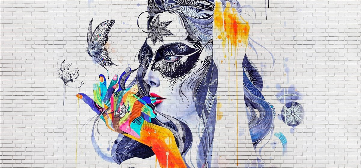 Fototapet imaginea unei fete într-o mască într-un stil abstract