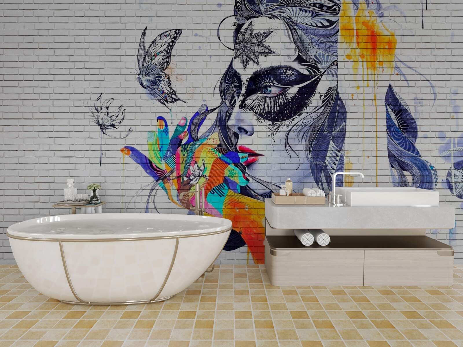 Fototapet imaginea unei fete într-o mască într-un stil abstract