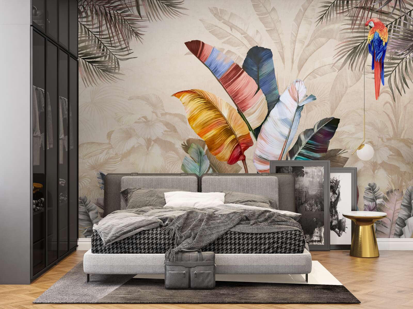 Fototapet Frunze tropicale în culori bogate și un papagal