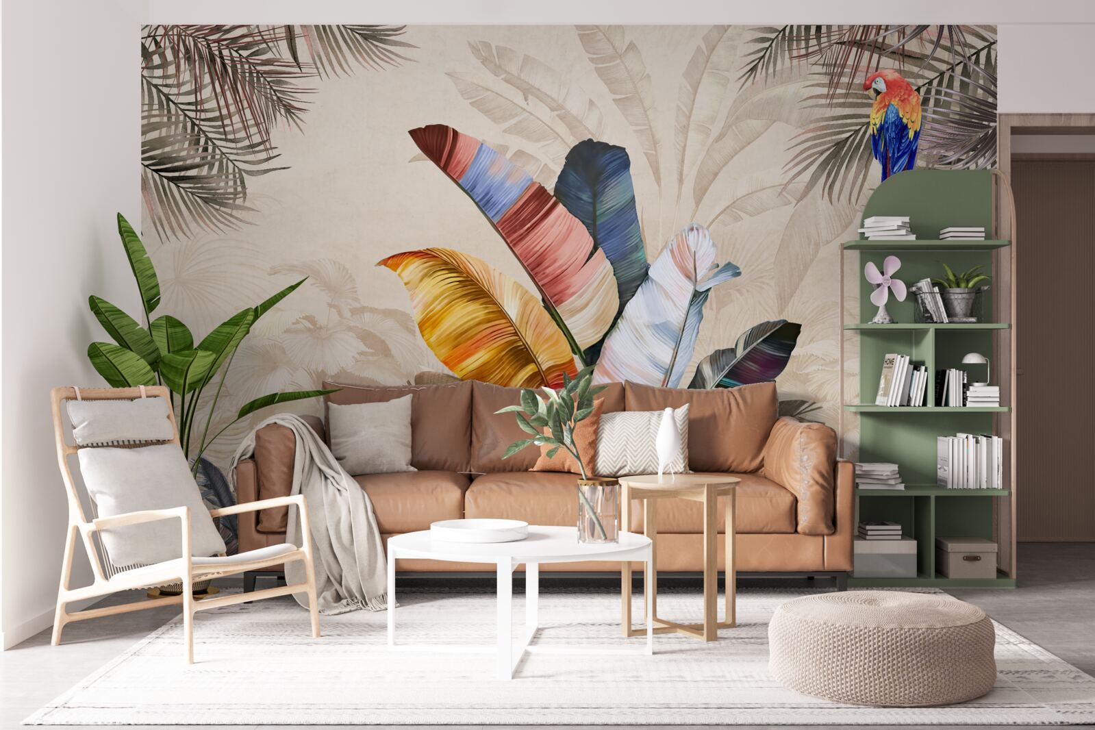 Fototapet Frunze tropicale în culori bogate și un papagal