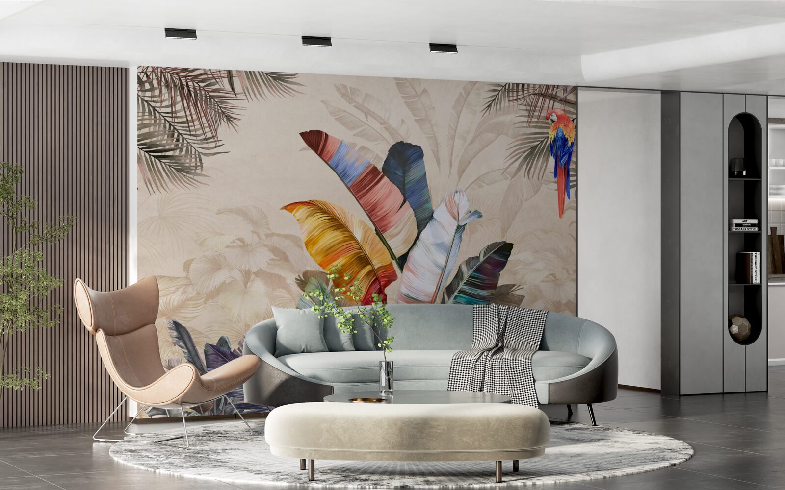 Fototapet Frunze tropicale în culori bogate și un papagal