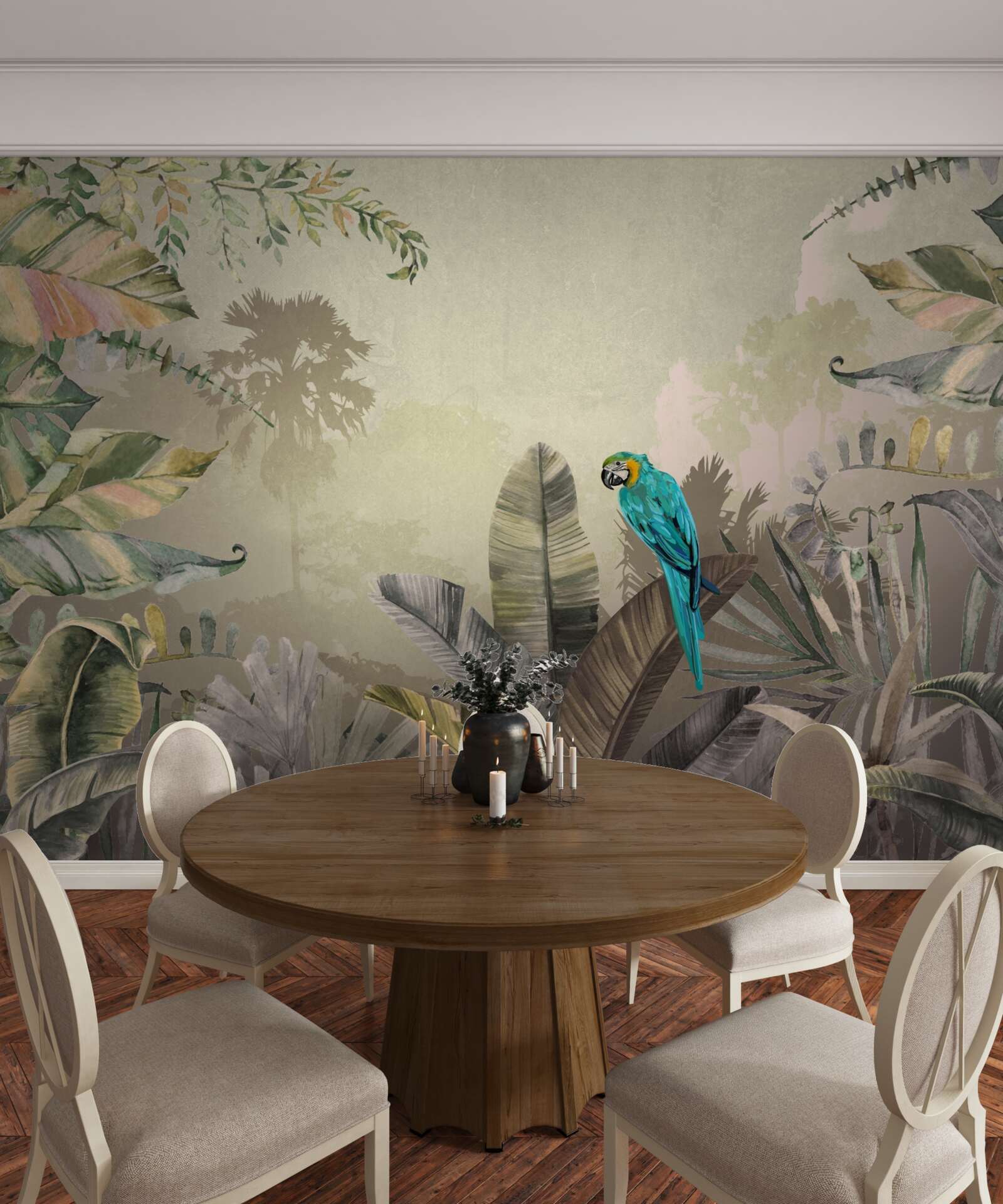 Fototapet papagal luminos printre verdeață tropicală