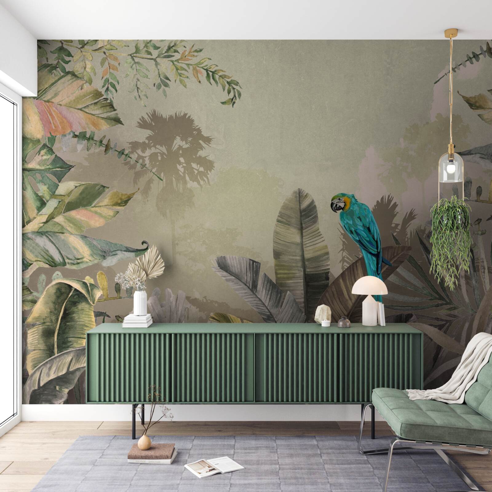 Fototapet papagal luminos printre verdeață tropicală