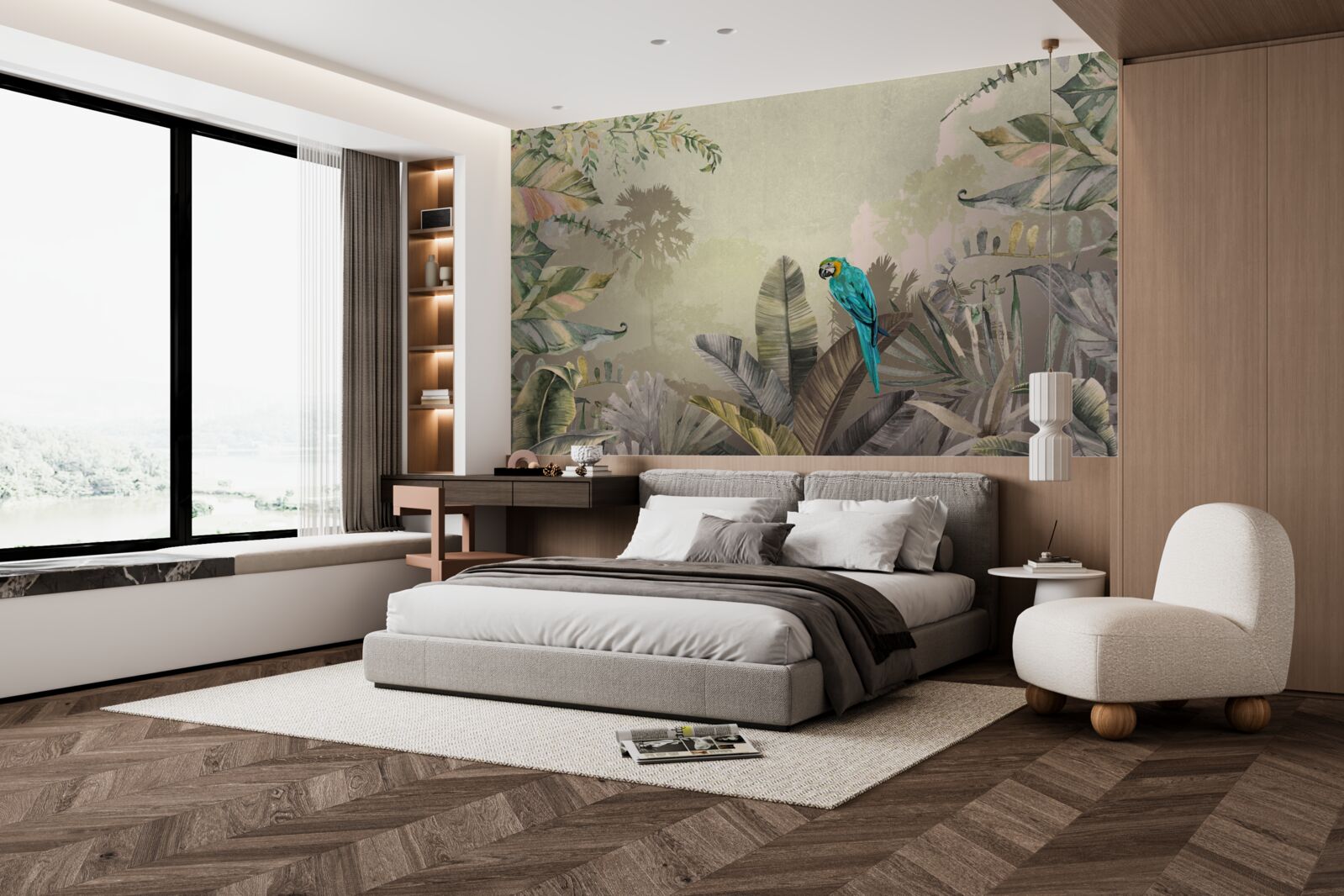 Fototapet papagal luminos printre verdeață tropicală