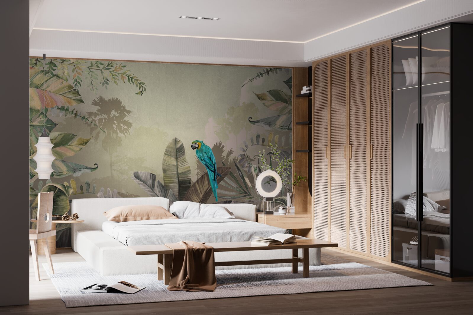 Fototapet papagal luminos printre verdeață tropicală