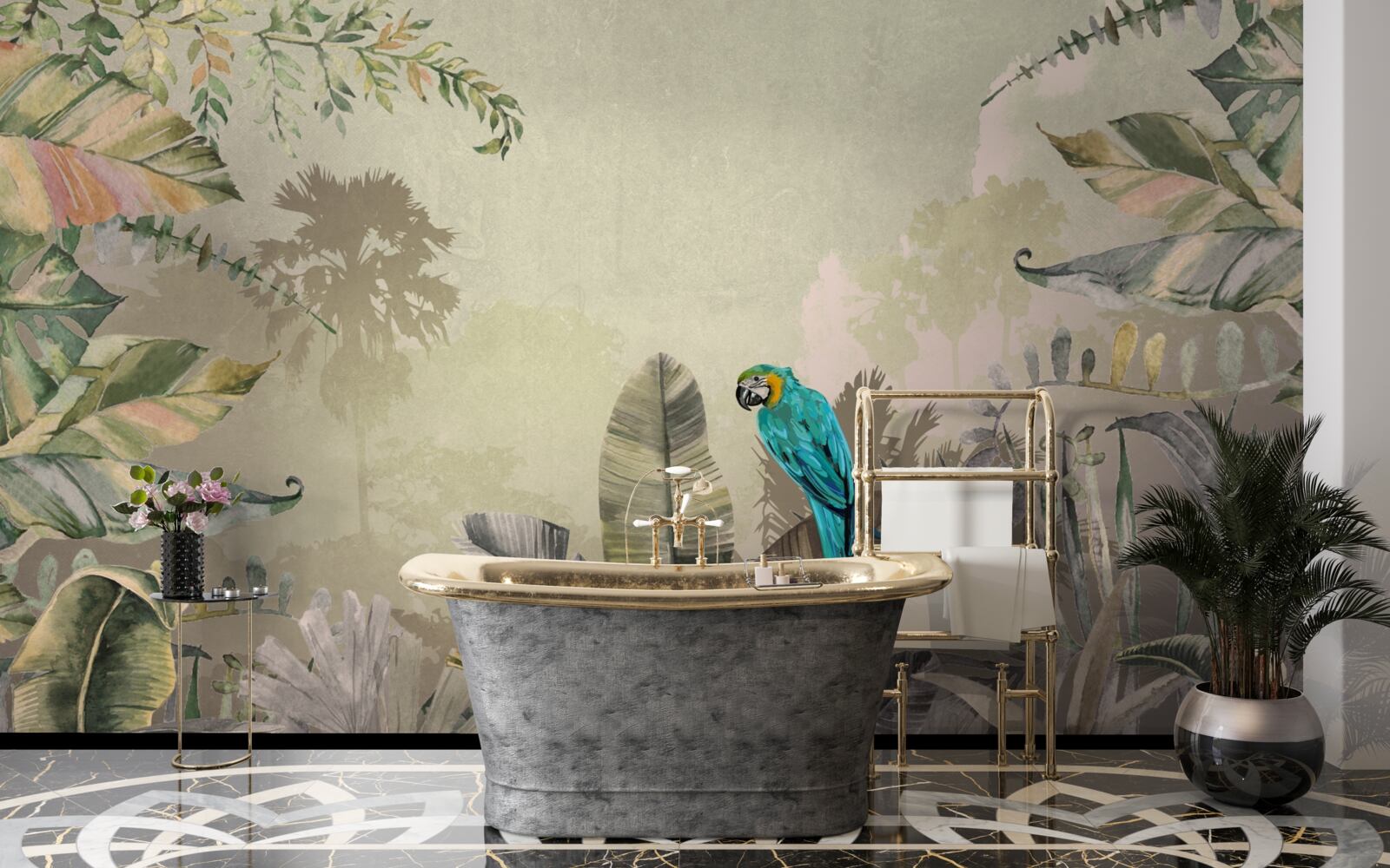 Fototapet papagal luminos printre verdeață tropicală