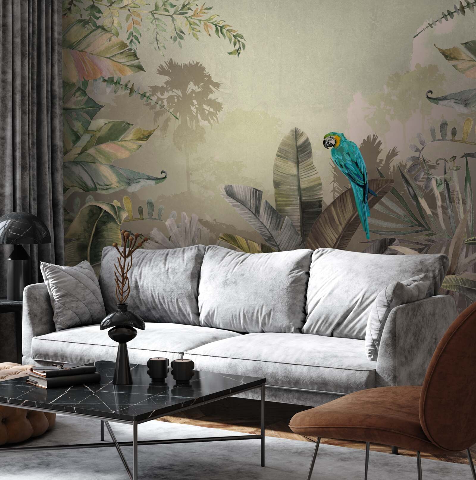 Fototapet papagal luminos printre verdeață tropicală