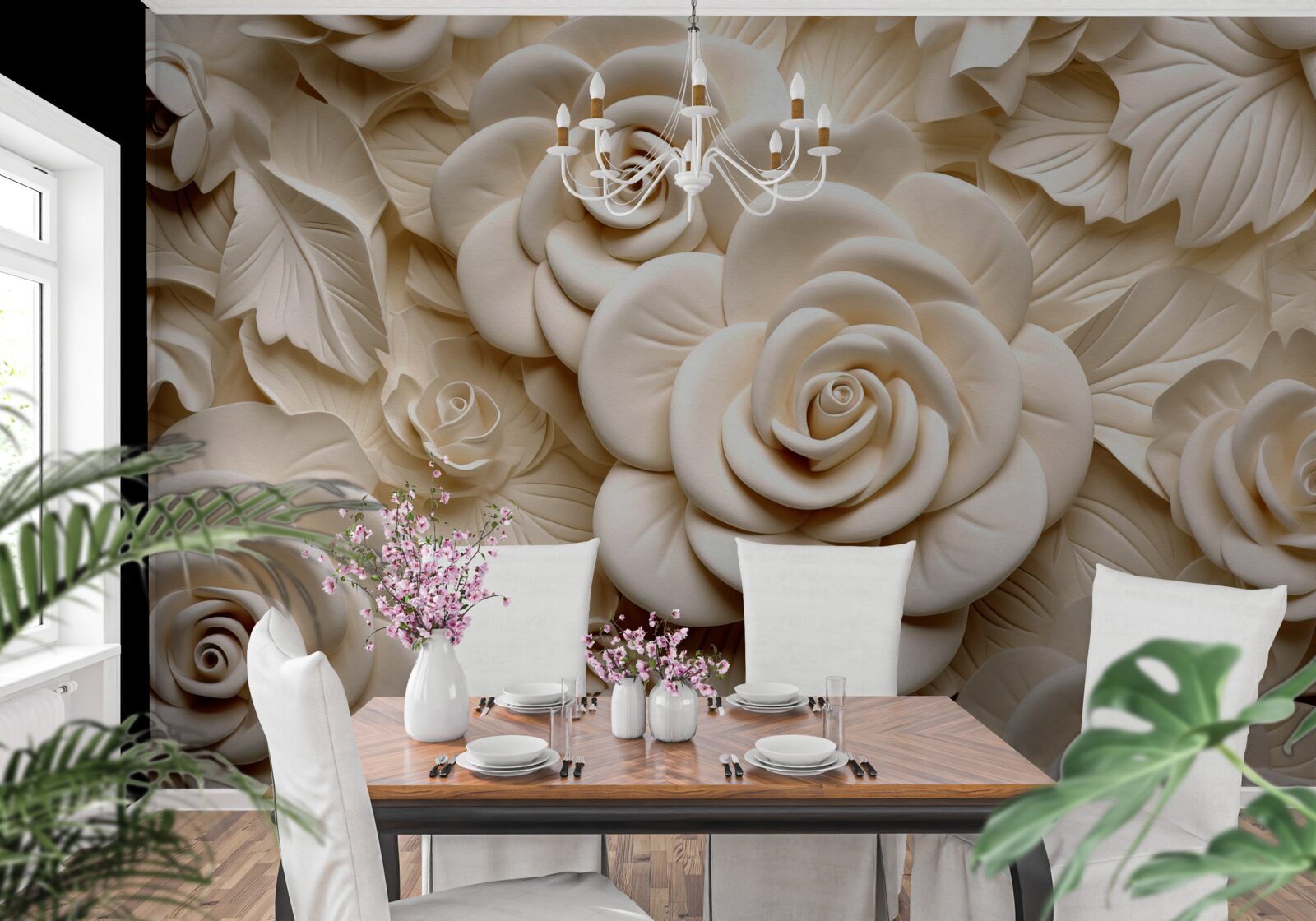 Fototapet trandafiri mari de gips în nuanțe deschise