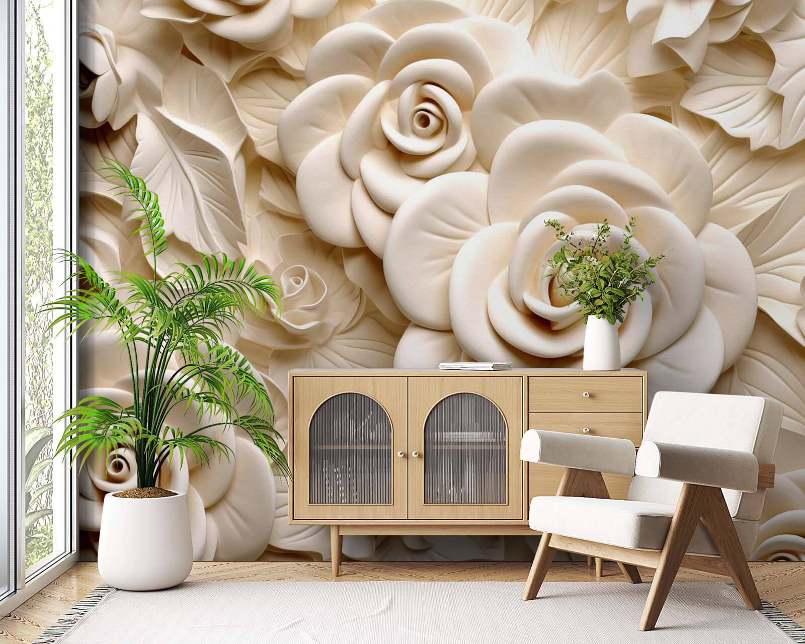 Fototapet trandafiri mari de gips în nuanțe deschise