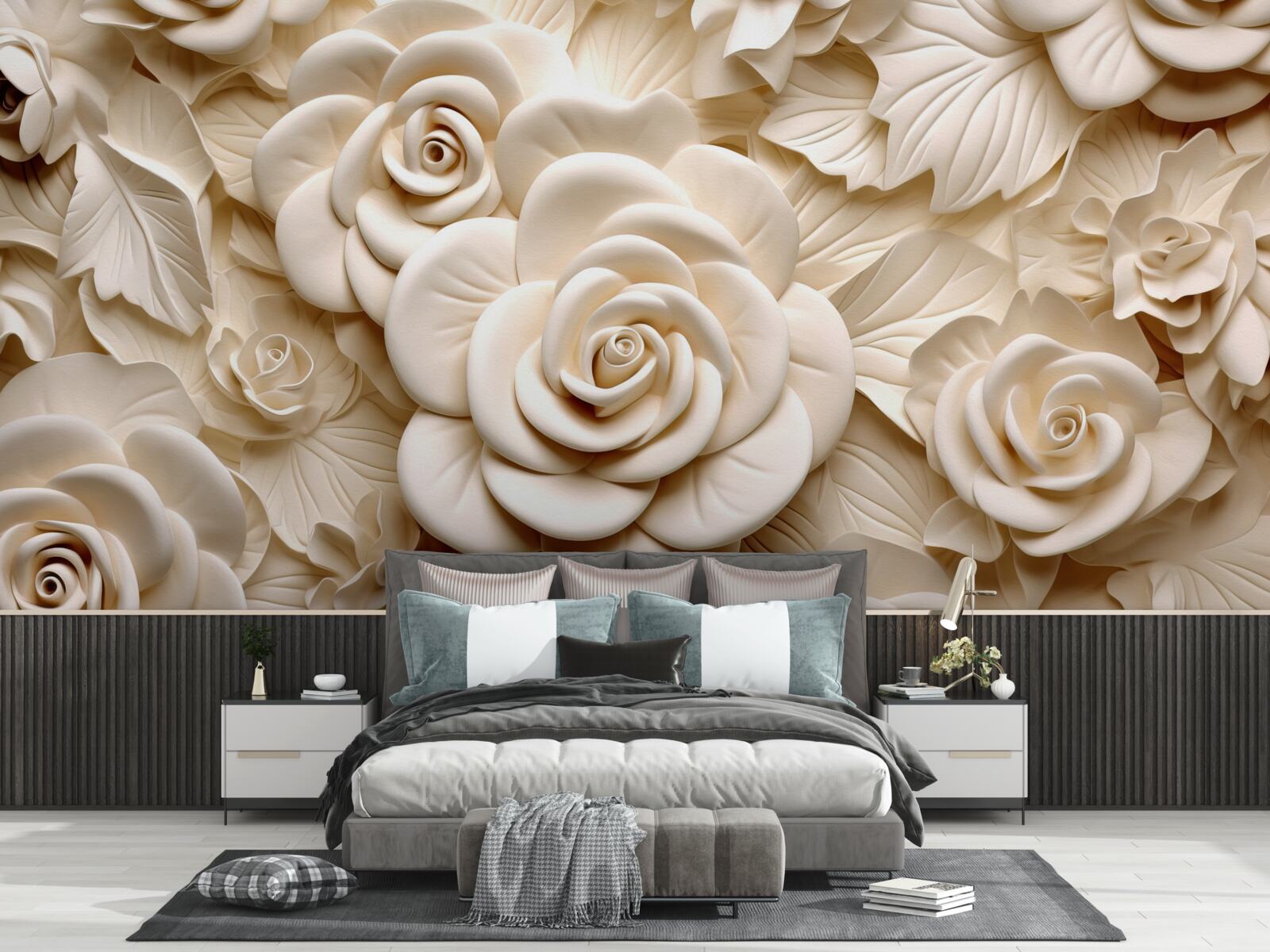 Fototapet trandafiri mari de gips în nuanțe deschise