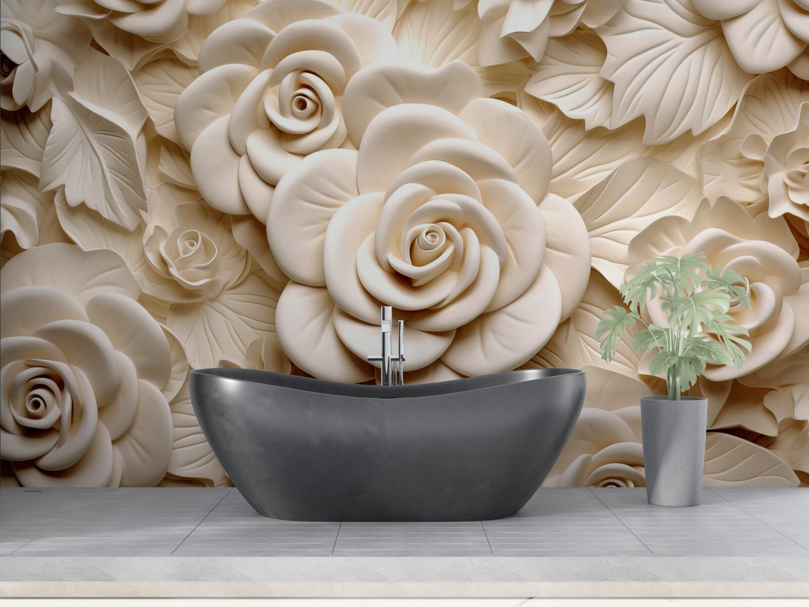 Fototapet trandafiri mari de gips în nuanțe deschise