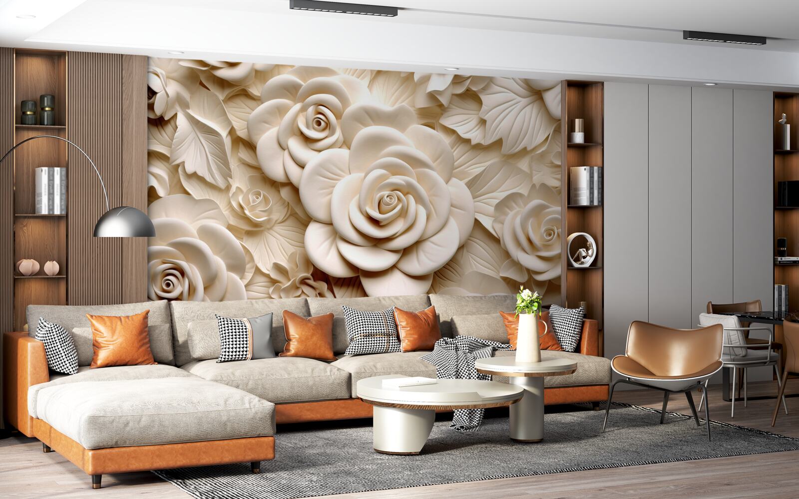 Fototapet trandafiri mari de gips în nuanțe deschise