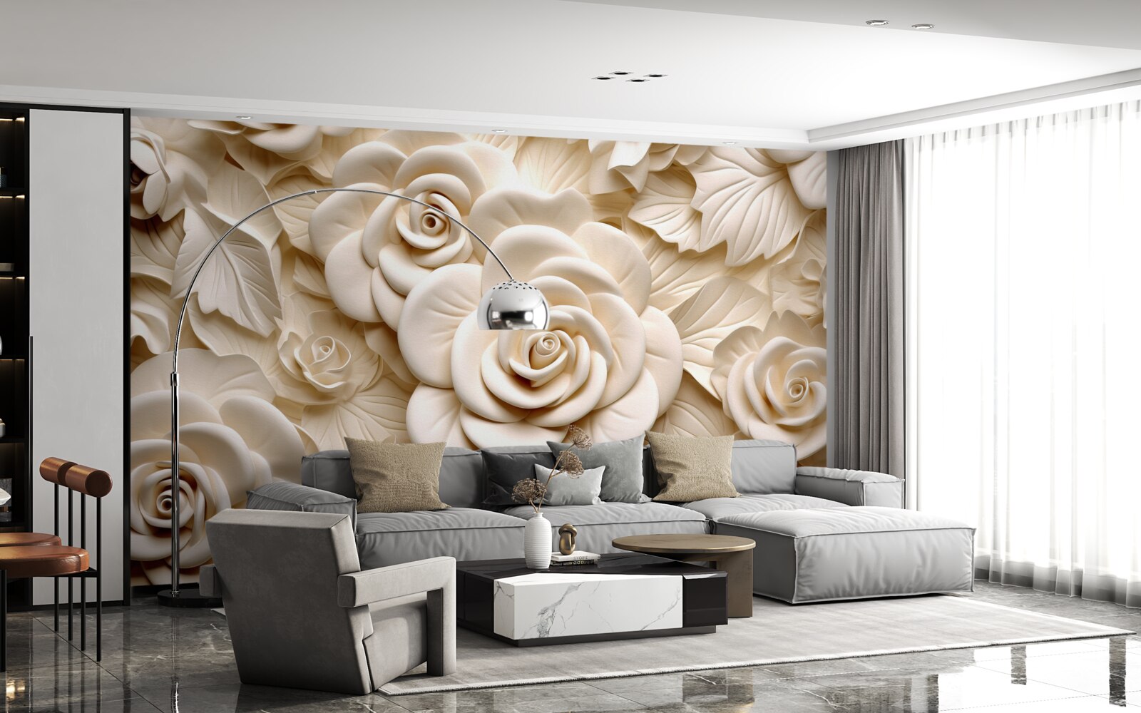 Fototapet trandafiri mari de gips în nuanțe deschise