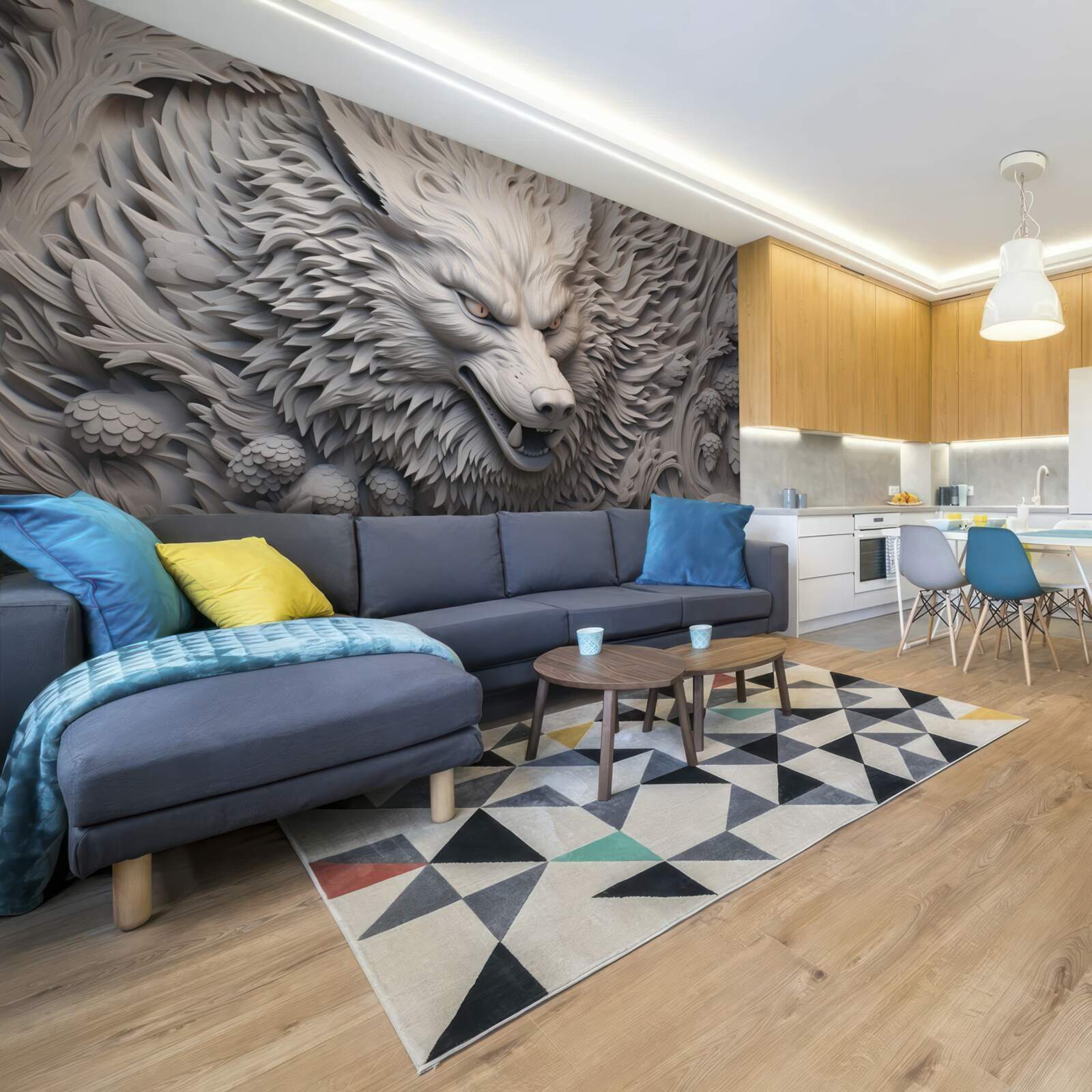 Fototapet răgetul puternic al lupului creează o imagine cu multiple fațete