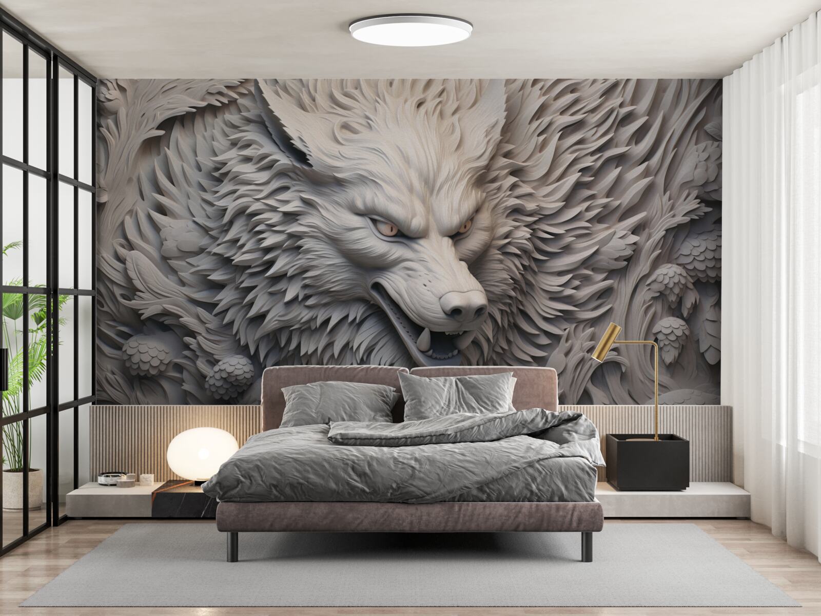 Fototapet răgetul puternic al lupului creează o imagine cu multiple fațete