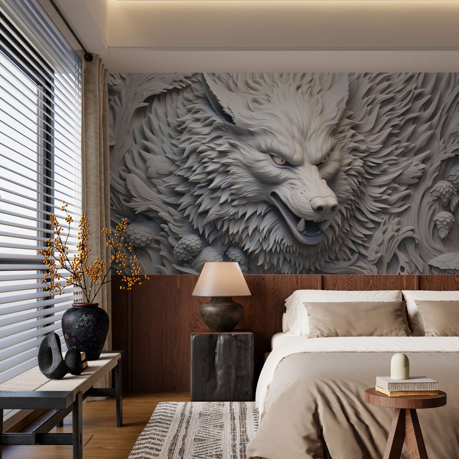 Fototapet răgetul puternic al lupului creează o imagine cu multiple fațete