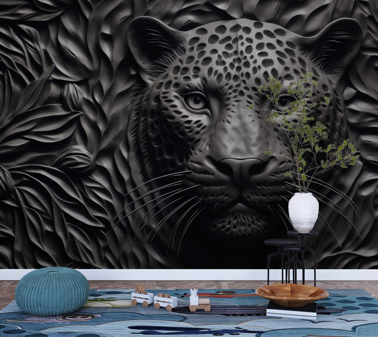 Fototapet tigru negru pe un copac de dimensiuni impresionante