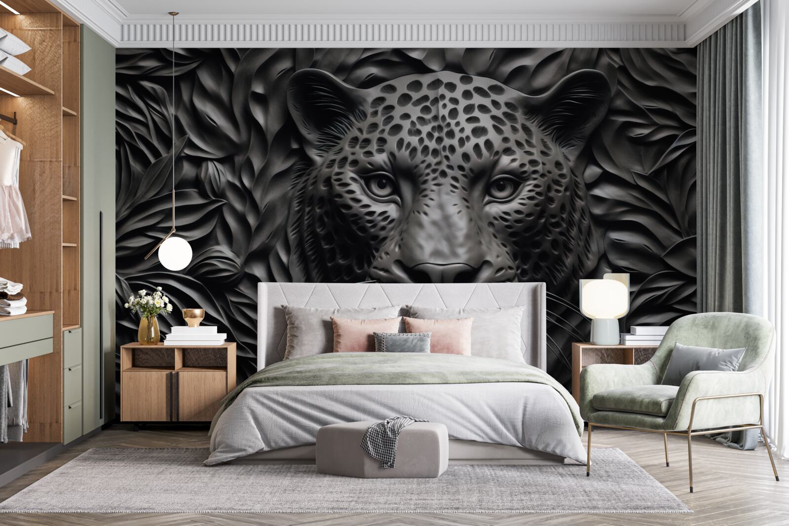 Fototapet tigru negru pe un copac de dimensiuni impresionante