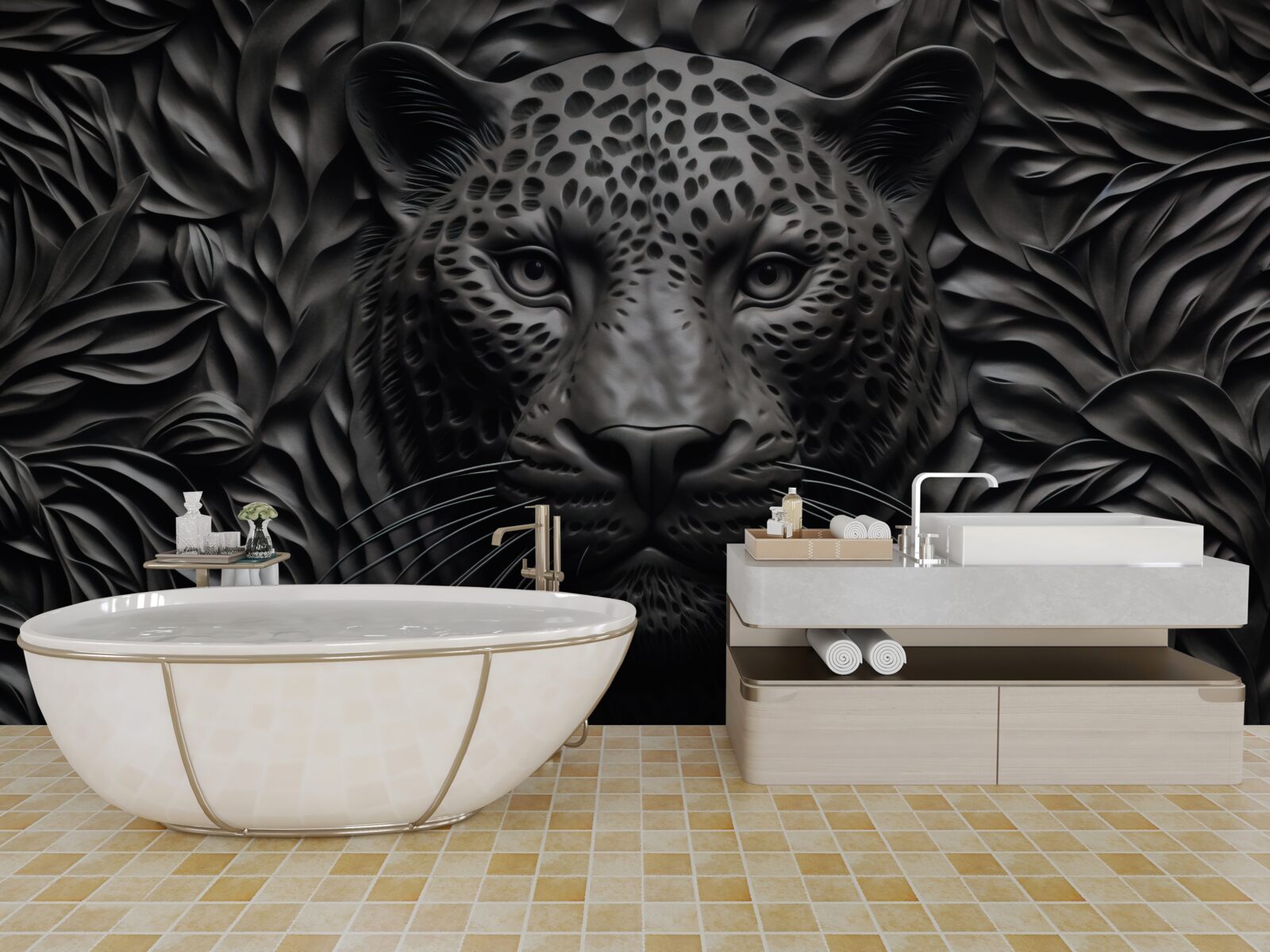 Fototapet tigru negru pe un copac de dimensiuni impresionante