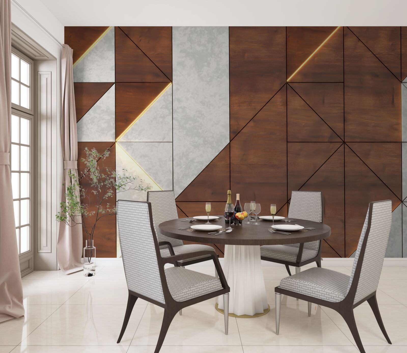 Fototapet forme geometrice pe o podea de lemn