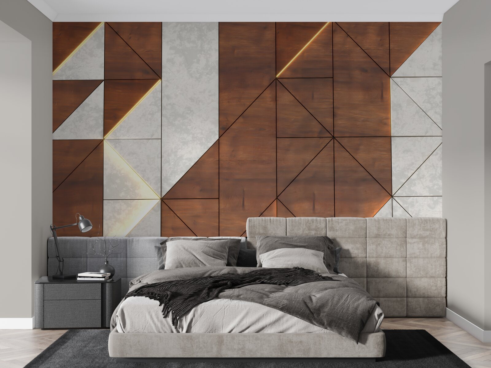 Fototapet forme geometrice pe o podea de lemn