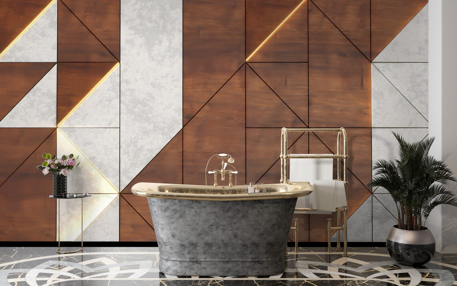 Fototapet forme geometrice pe o podea de lemn