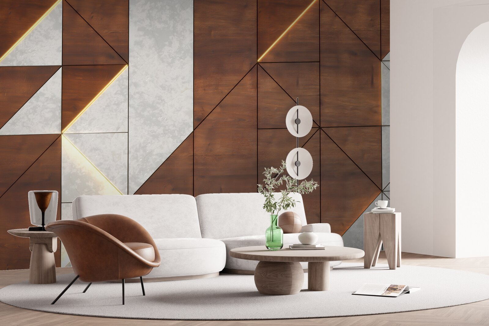 Fototapet forme geometrice pe o podea de lemn