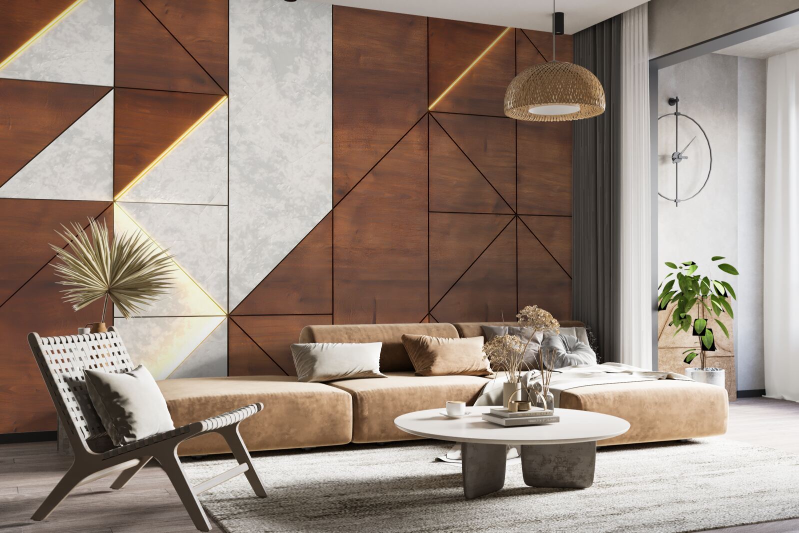 Fototapet forme geometrice pe o podea de lemn