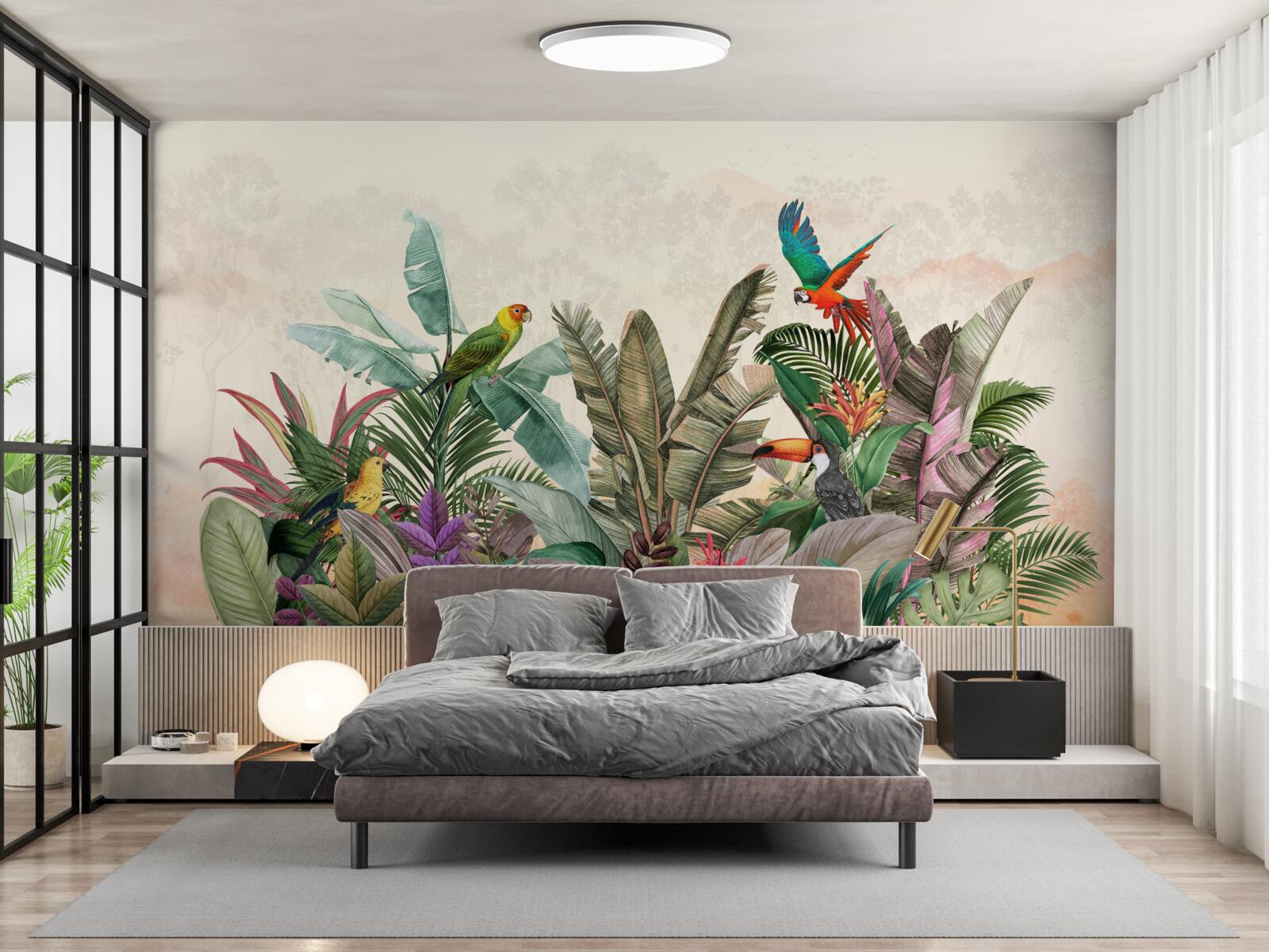 Fototapet frunze tropicale decorate cu păsări