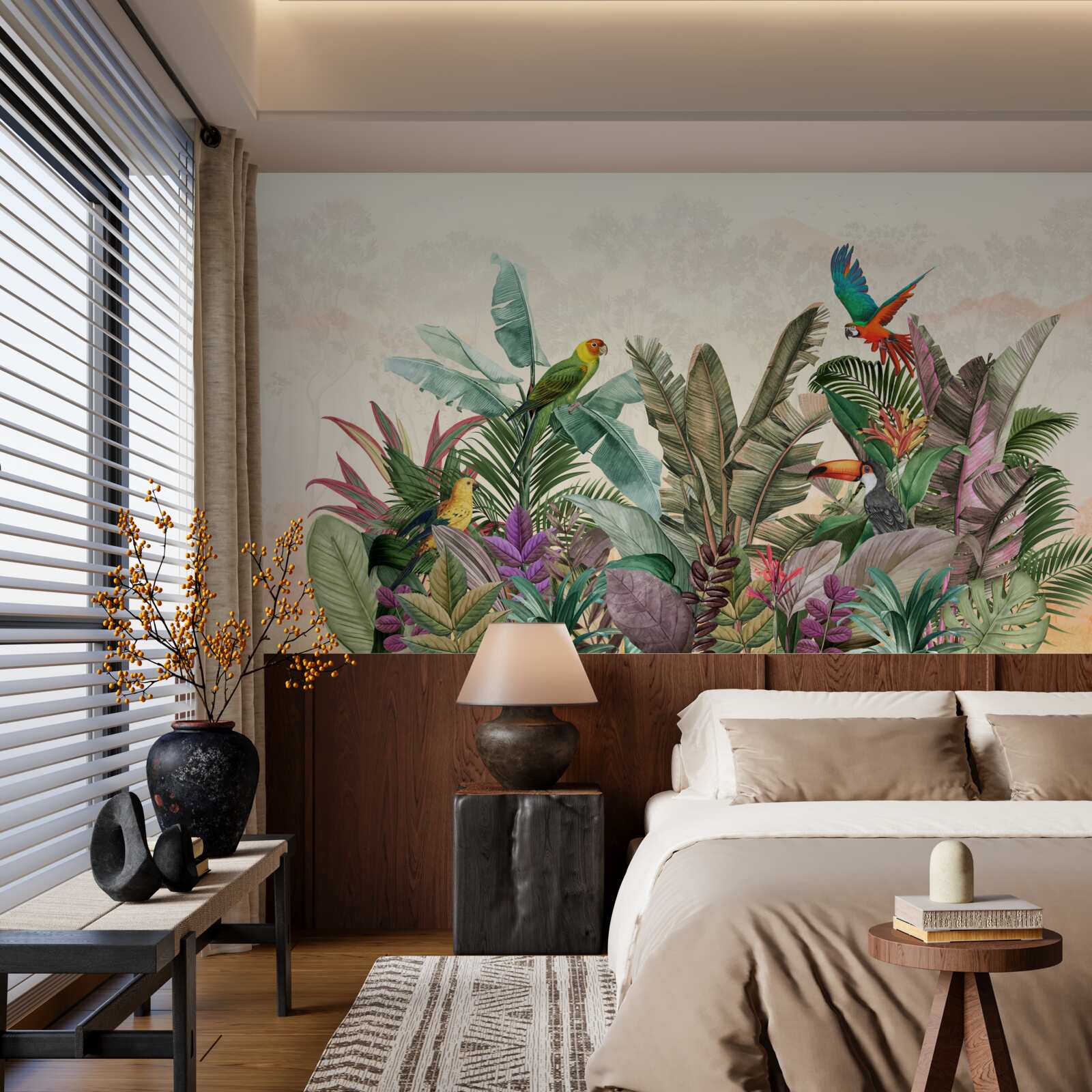 Fototapet frunze tropicale decorate cu păsări