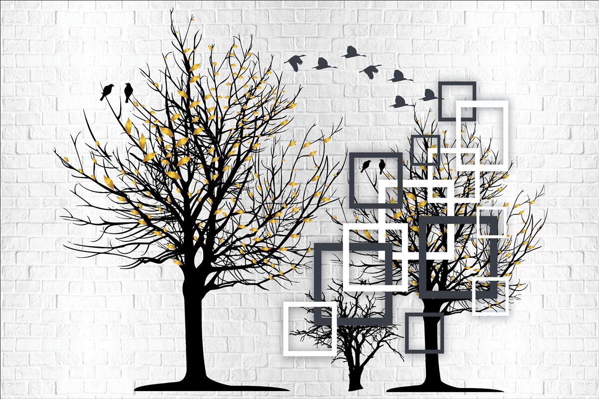 Fototapet abstract cu copaci și zid de cărămidă