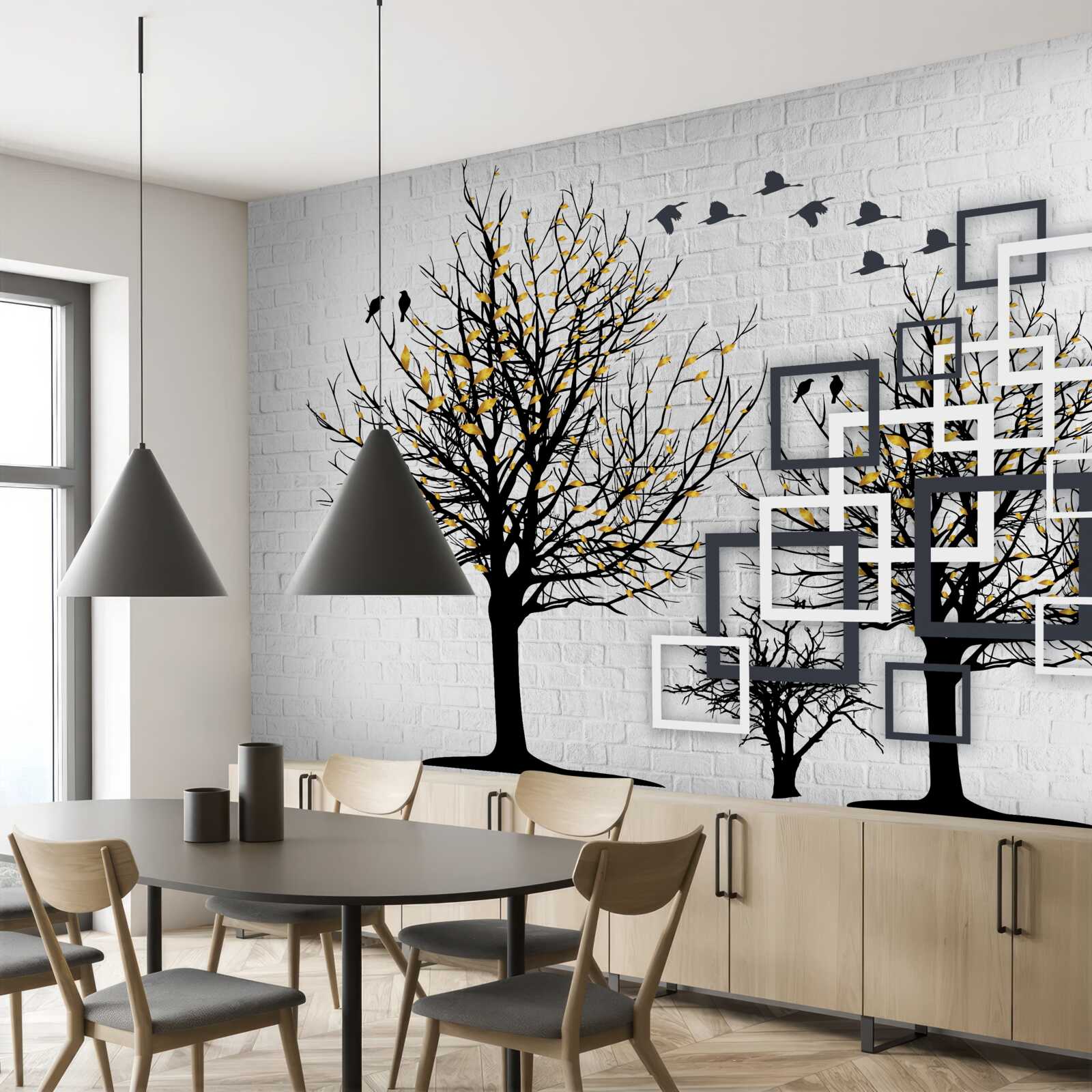 Fototapet abstract cu copaci și zid de cărămidă