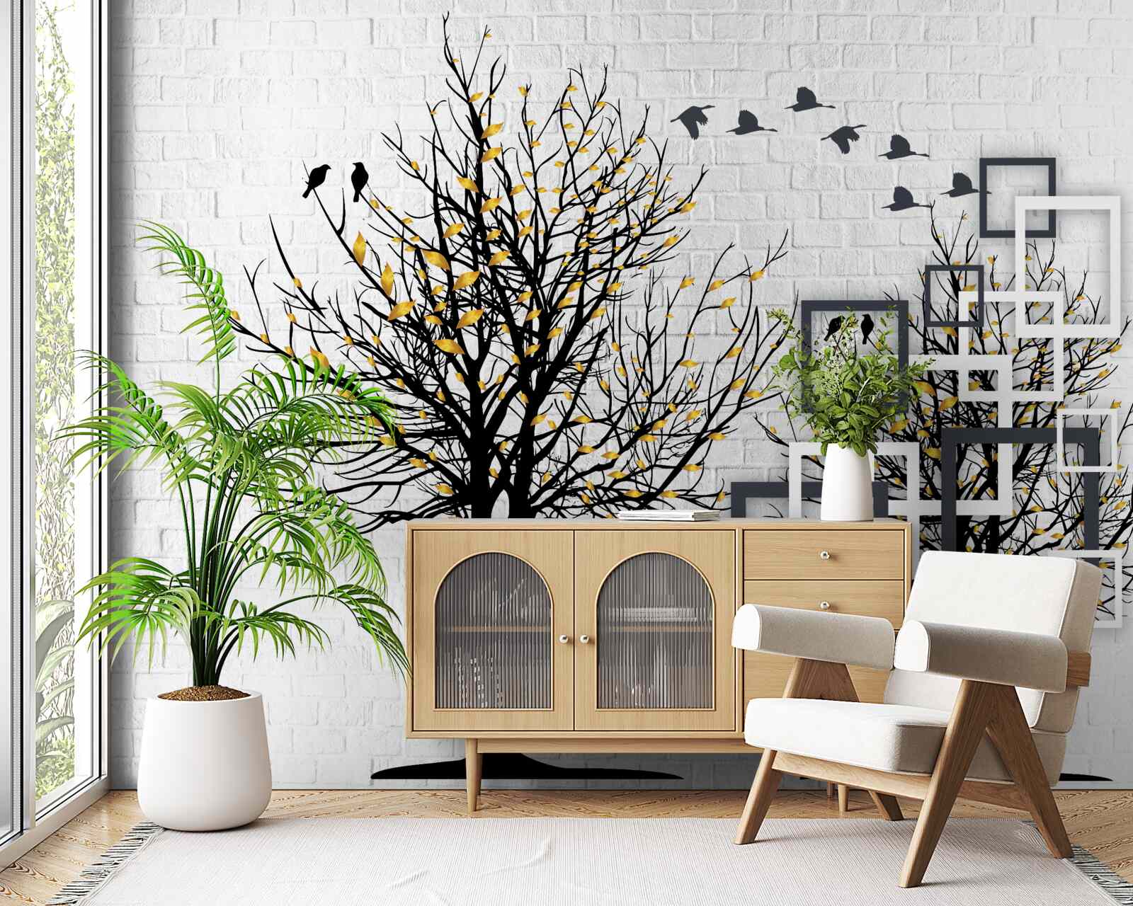 Fototapet abstract cu copaci și zid de cărămidă