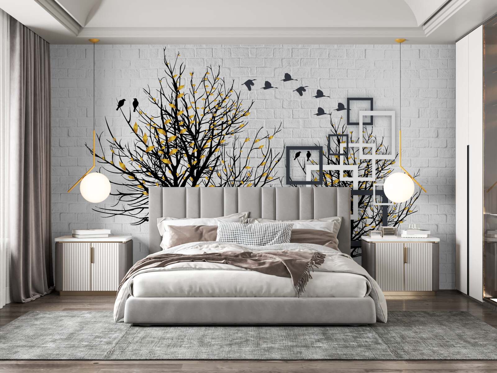 Fototapet abstract cu copaci și zid de cărămidă