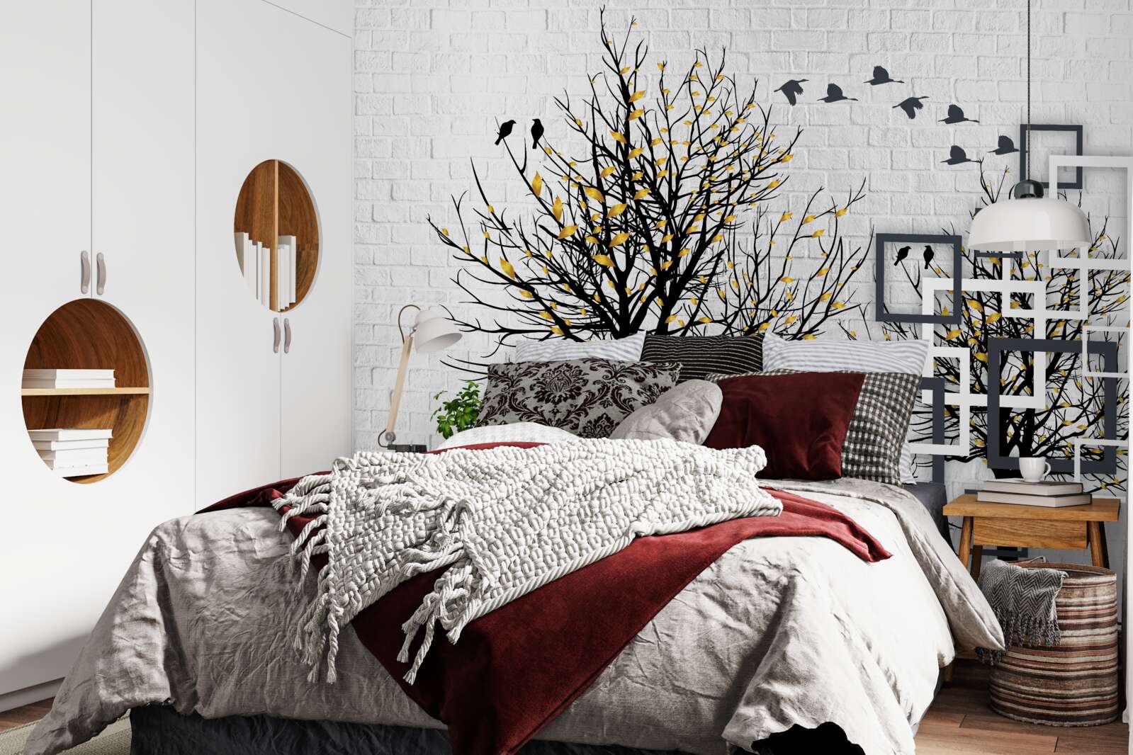 Fototapet abstract cu copaci și zid de cărămidă