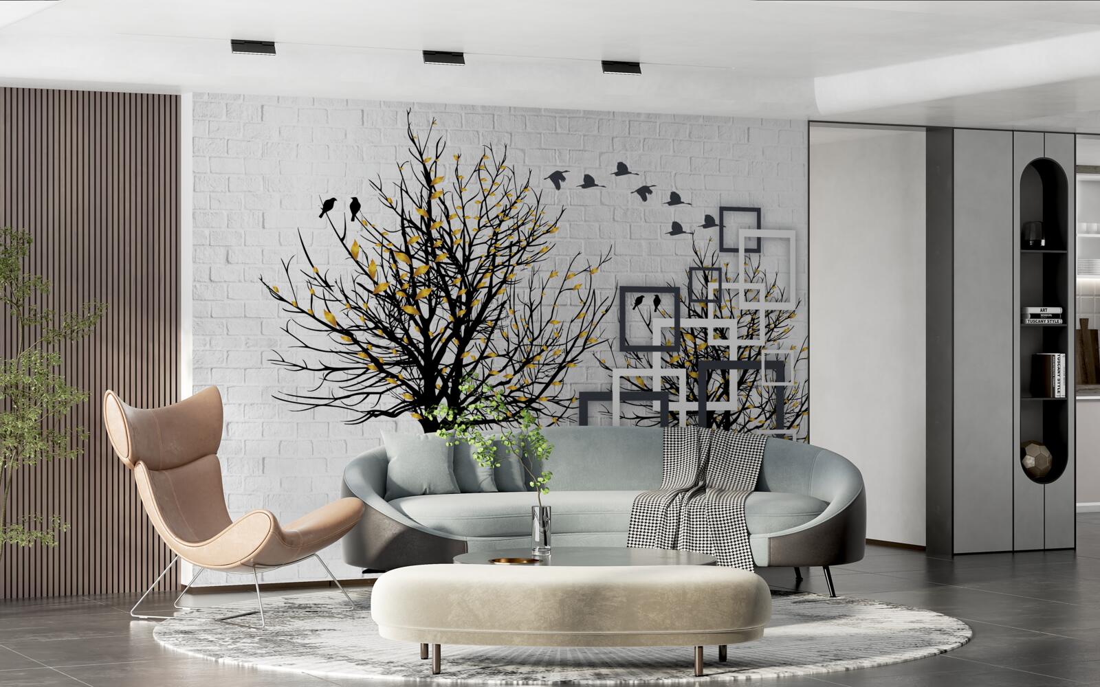 Fototapet abstract cu copaci și zid de cărămidă