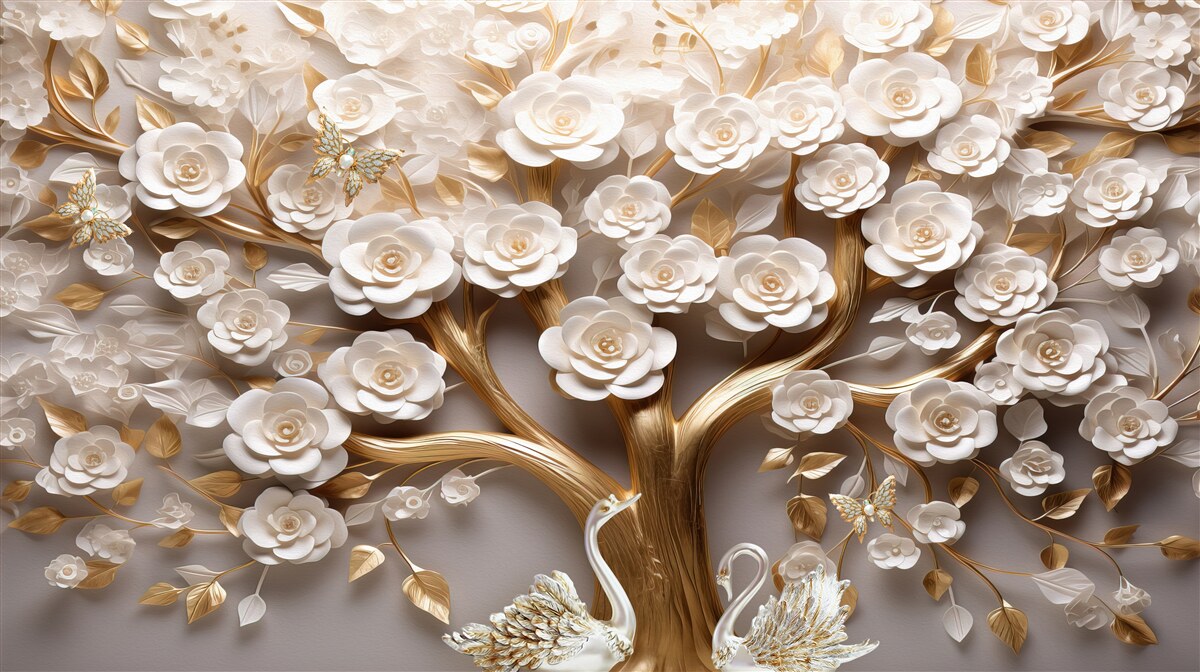 Fototapet copac cu flori dense și abundente