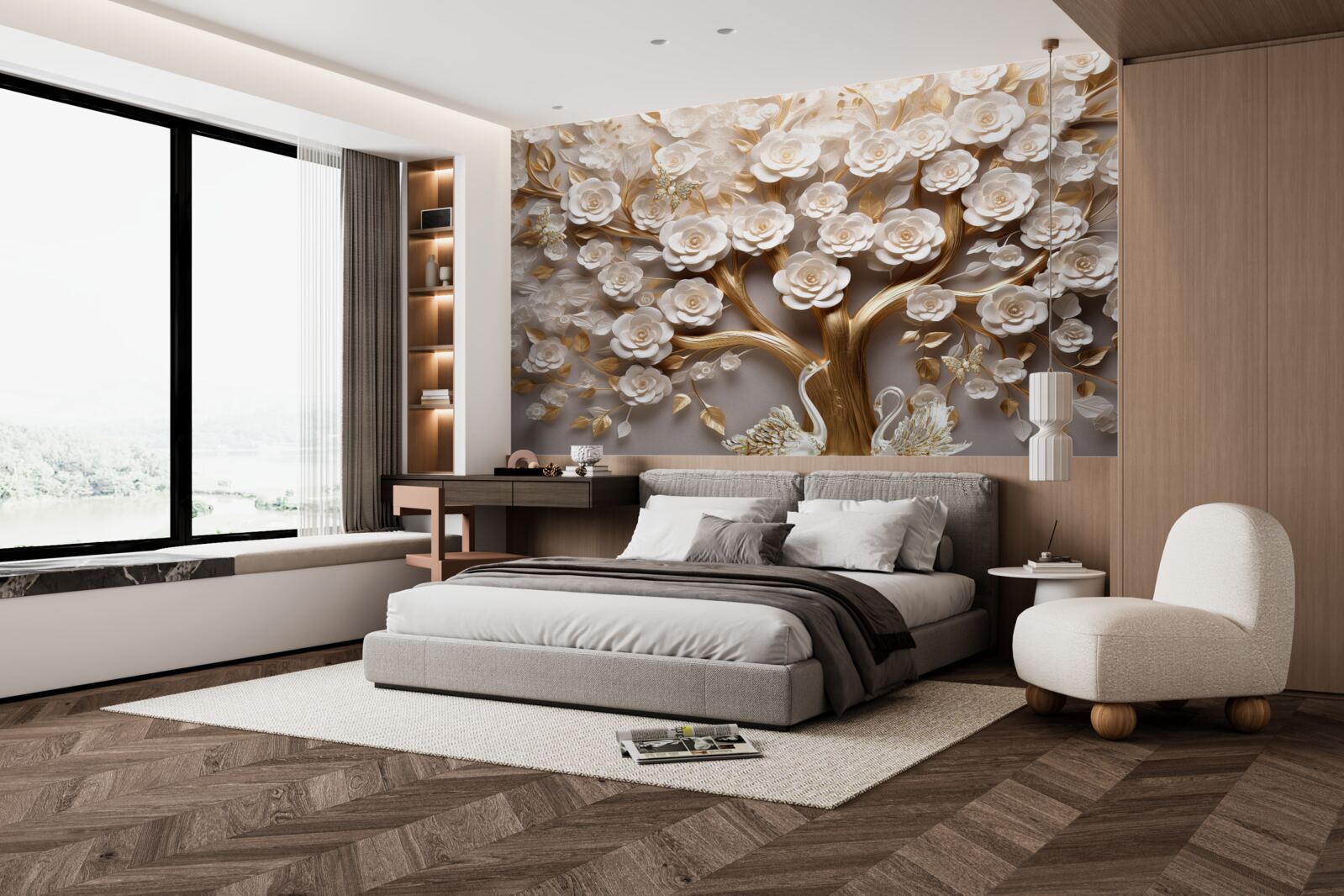 Fototapet copac cu flori dense și abundente