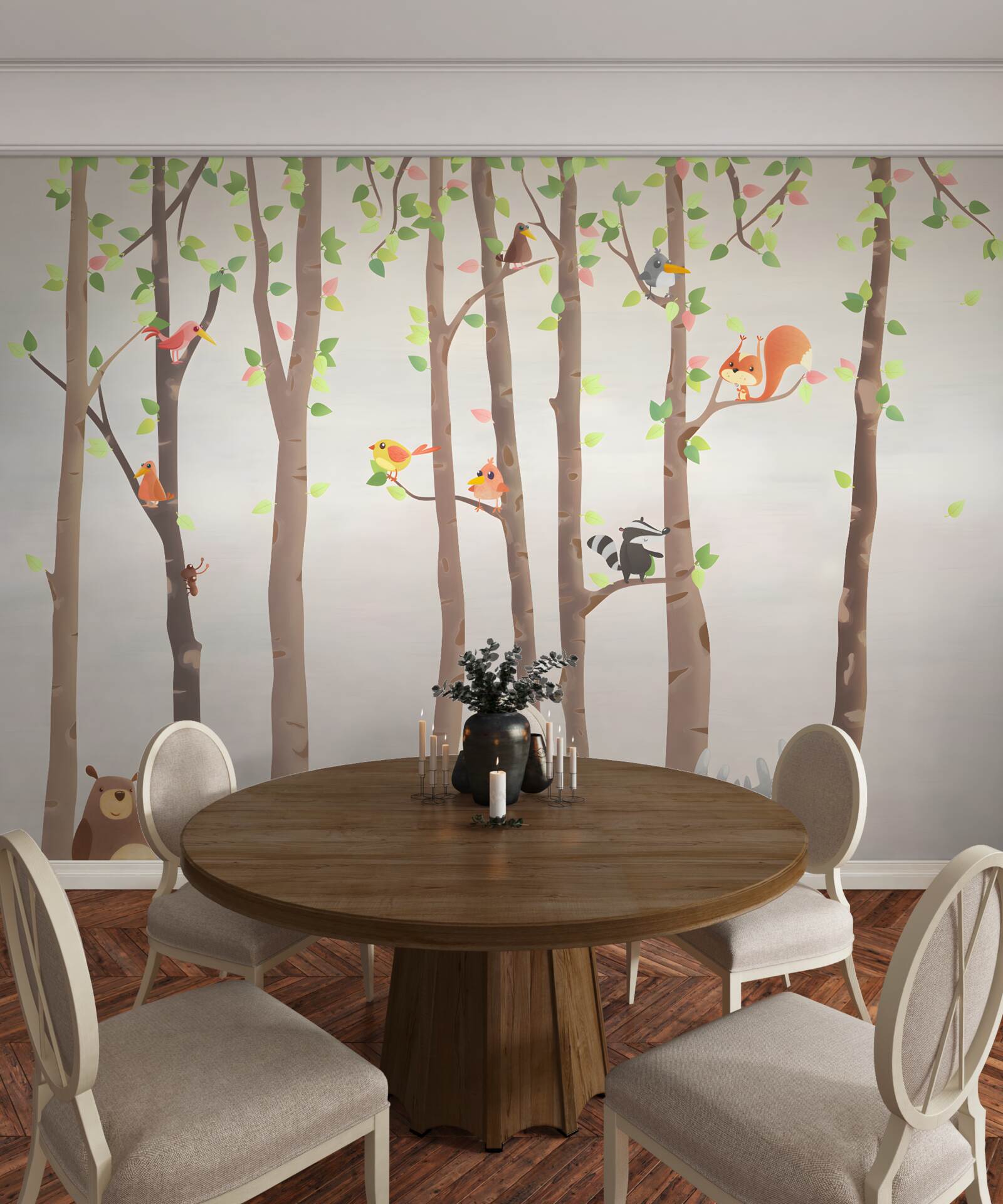 Fototapet copaci înalți cu locuitori ai pădurii