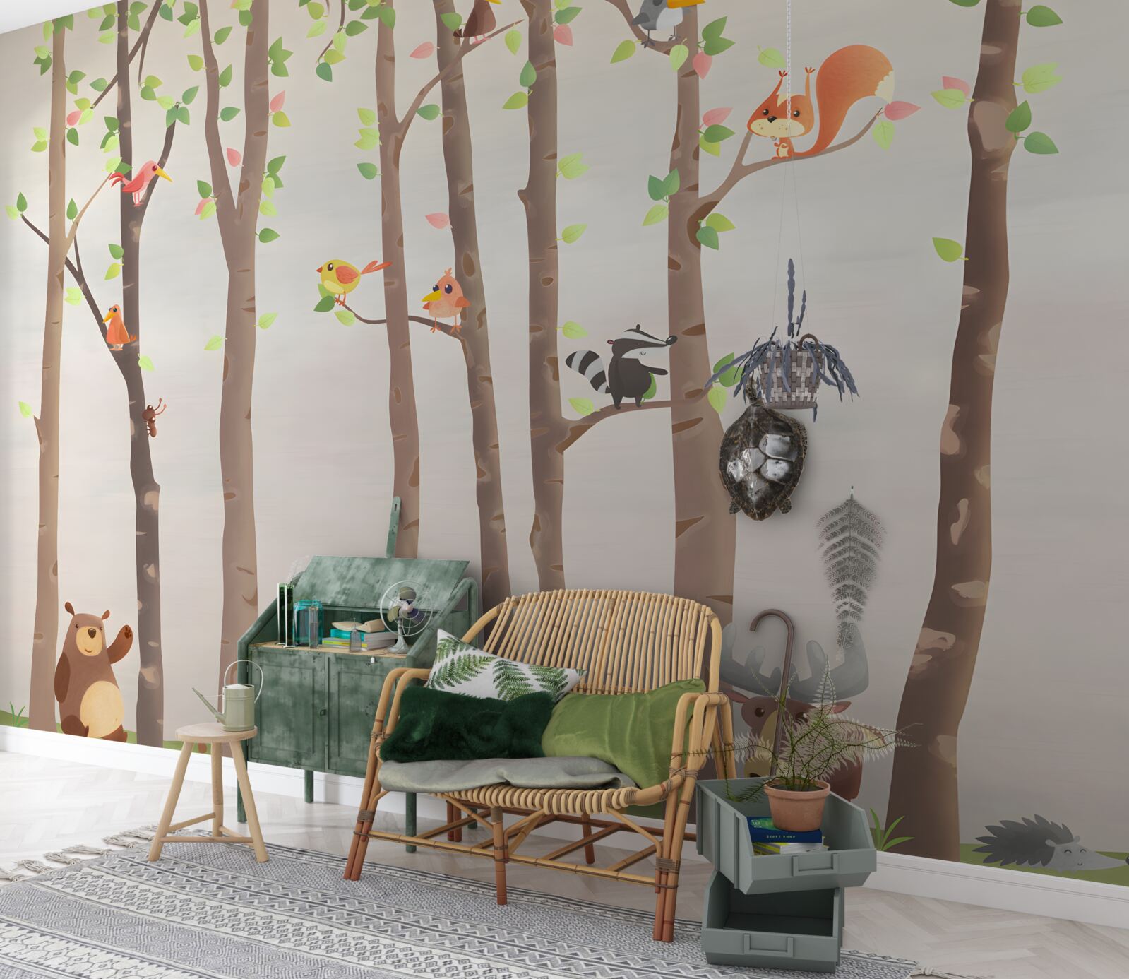 Fototapet copaci înalți cu locuitori ai pădurii