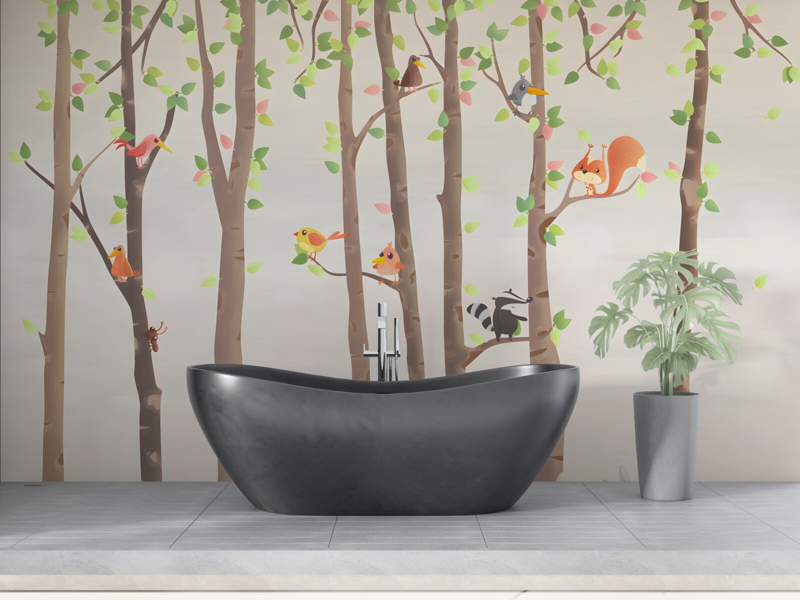 Fototapet copaci înalți cu locuitori ai pădurii