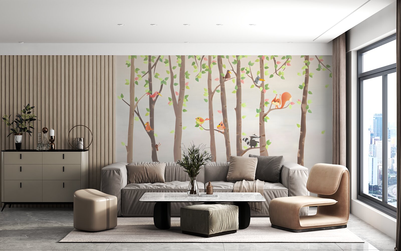 Fototapet copaci înalți cu locuitori ai pădurii