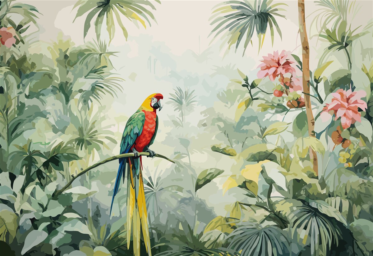 Fototapet tufișuri luxuriante de smarald și un papagal