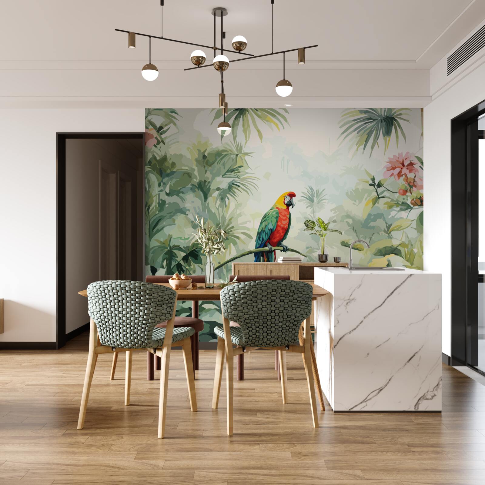 Fototapet tufișuri luxuriante de smarald și un papagal