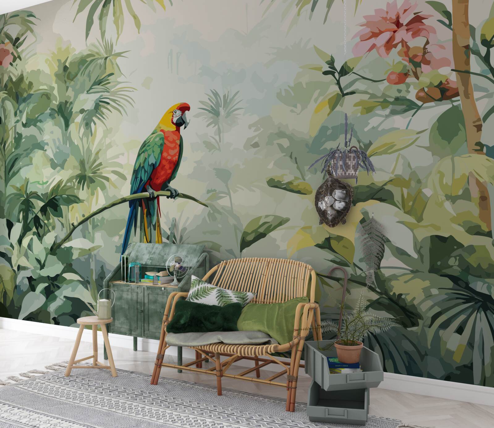 Fototapet tufișuri luxuriante de smarald și un papagal