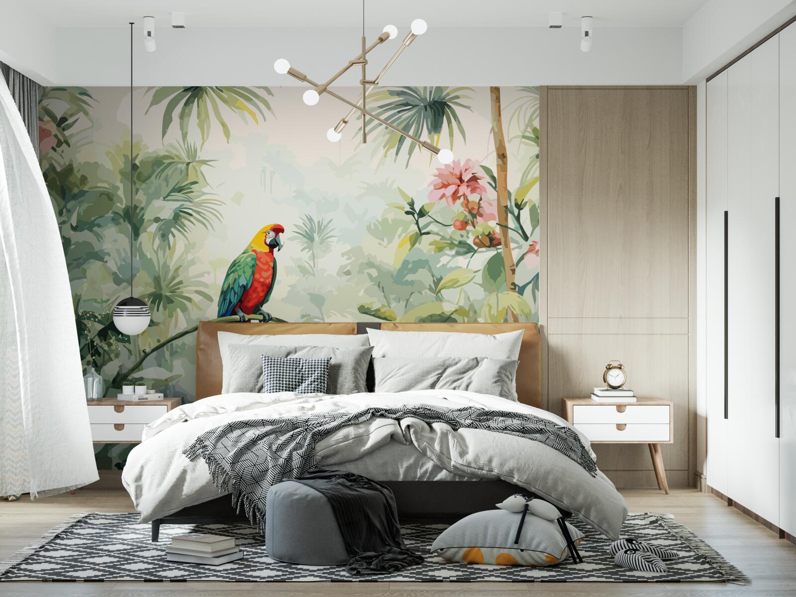 Fototapet tufișuri luxuriante de smarald și un papagal