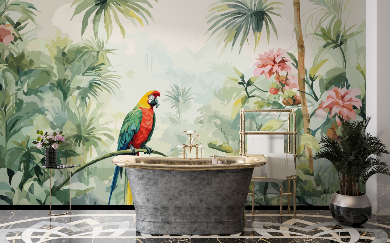 Fototapet tufișuri luxuriante de smarald și un papagal