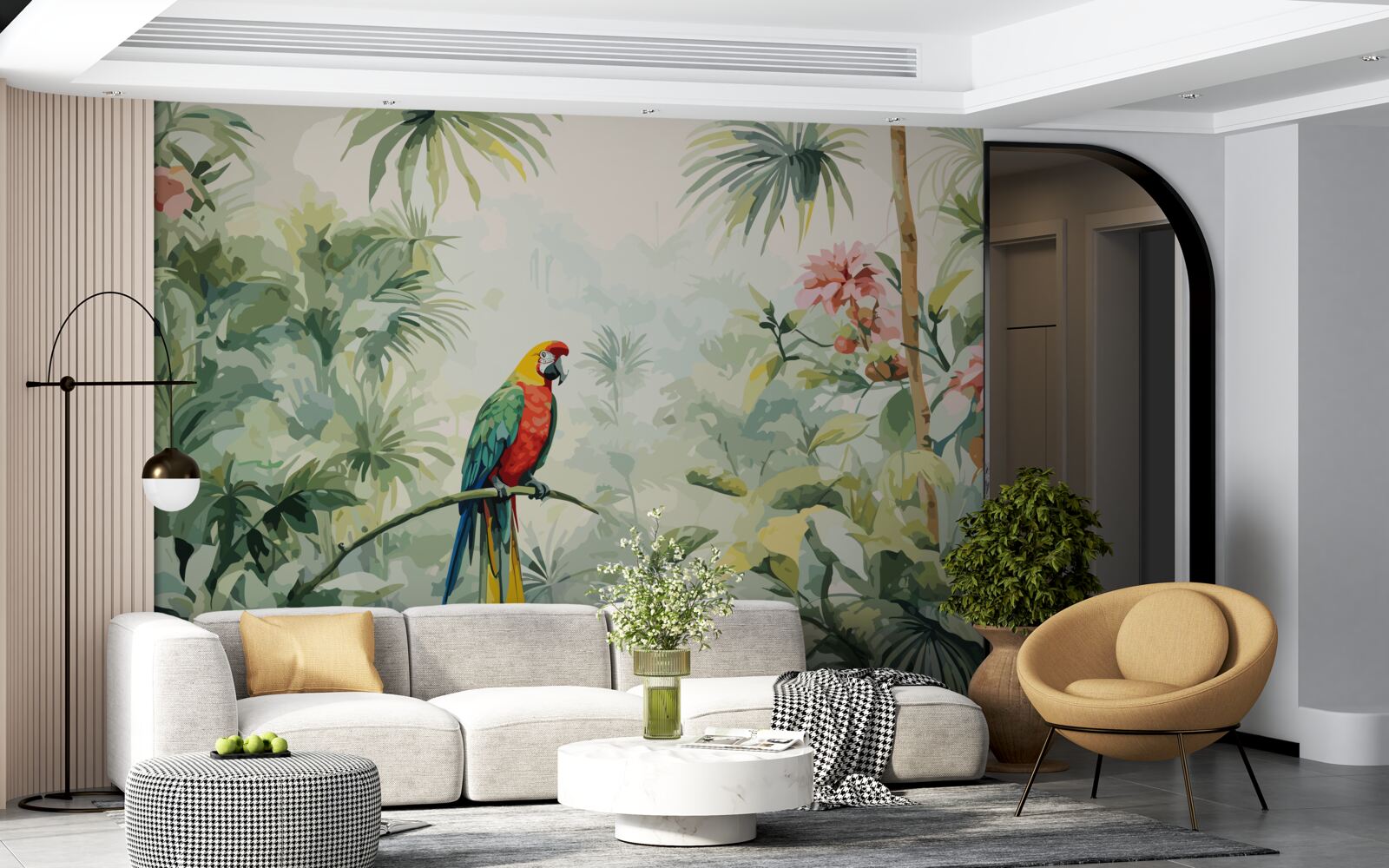 Fototapet tufișuri luxuriante de smarald și un papagal